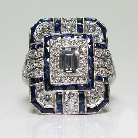 Emerald Cut Ring Sz 9 Crystal & Sapphire Cocktail Ring NIB - Picture 5 of 8